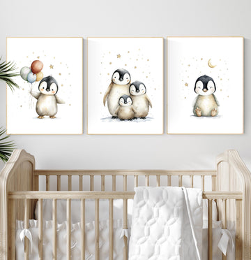 Penguin Nursery Art Prints - Gender Neutral Baby Room Decor Set