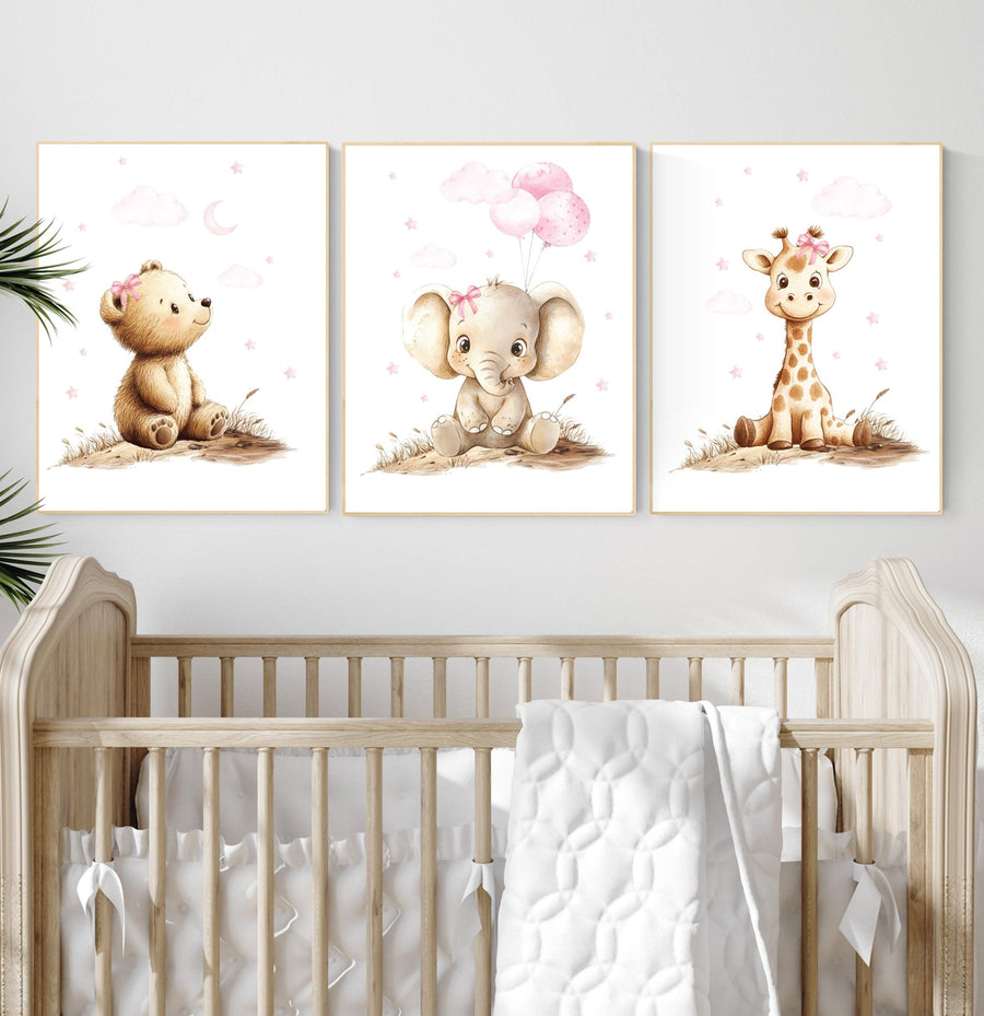 Pink Safari Animal Nursery Art, Baby Bear, Elephant, Giraffe Prints