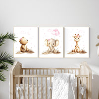 Pink Safari Animal Nursery Art, Baby Bear, Elephant, Giraffe Prints