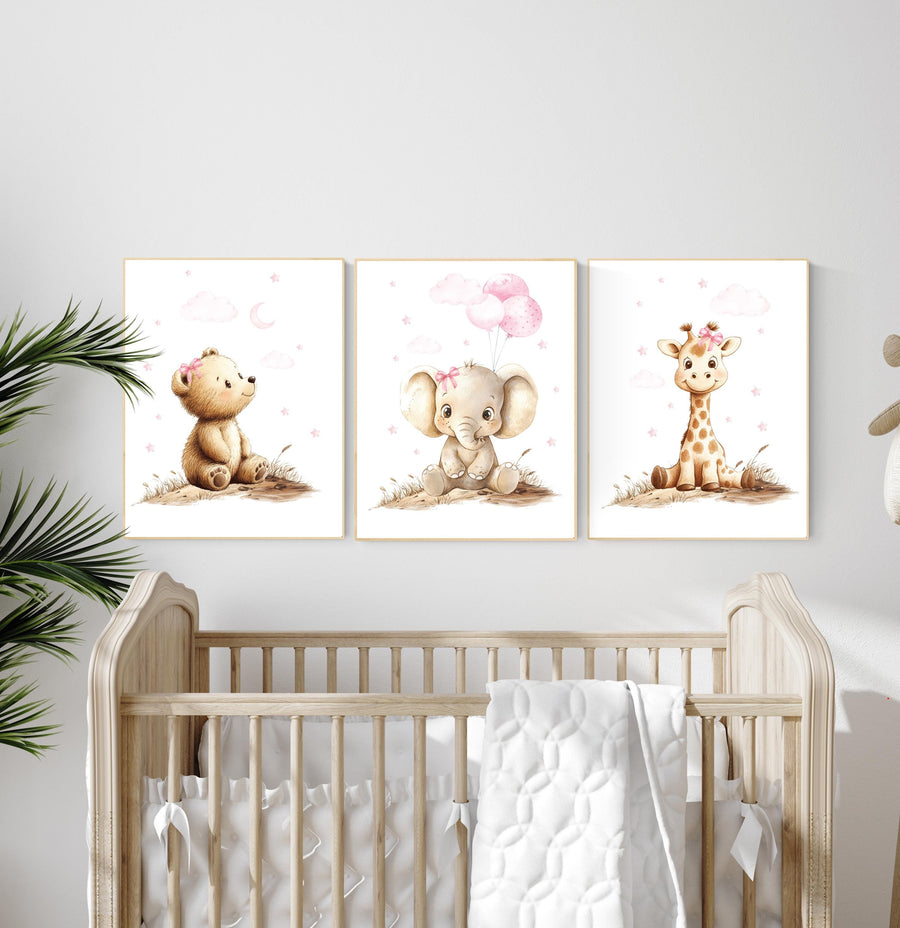 Pink Safari Animal Nursery Art, Baby Bear, Elephant, Giraffe Prints