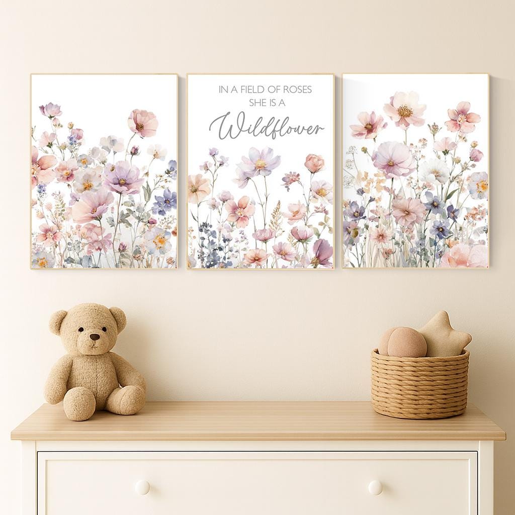 Wildflower Nursery Art Prints Set: Boho Baby Girl Room Decor