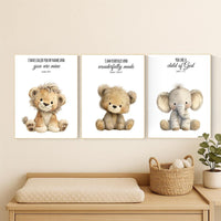 Plush Safari Animal Bible Verse Wall Art – Elephant Giraffe Lion Nursery Prints, Scripture Art, Christian Baby Room Decor Set