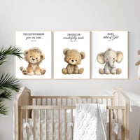 Plush Safari Animal Bible Verse Wall Art – Elephant Giraffe Lion Nursery Prints, Scripture Art, Christian Baby Room Decor Set