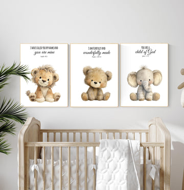 Plush Safari Animal Bible Verse Wall Art – Elephant Giraffe Lion Nursery Prints, Scripture Art, Christian Baby Room Decor Set