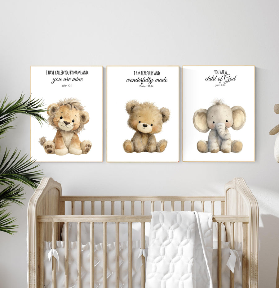 Plush Safari Animal Bible Verse Wall Art – Elephant Giraffe Lion Nursery Prints, Scripture Art, Christian Baby Room Decor Set