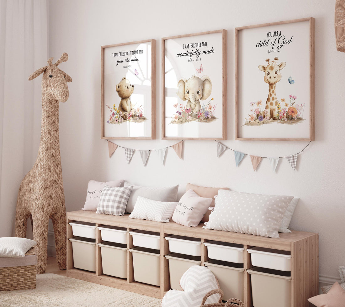 Christian Nursery Art Prints: Bear, Elephant, Giraffe Bible Verse Decor