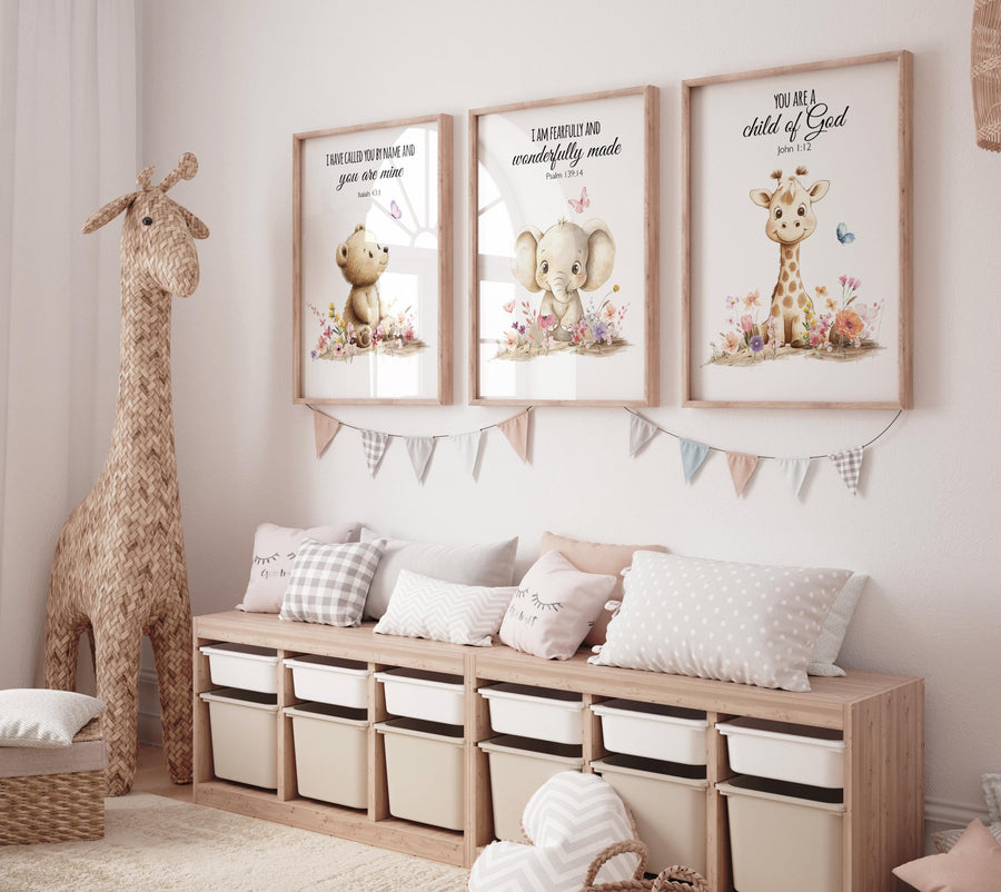 Christian Nursery Art Prints: Bear, Elephant, Giraffe Bible Verse Decor
