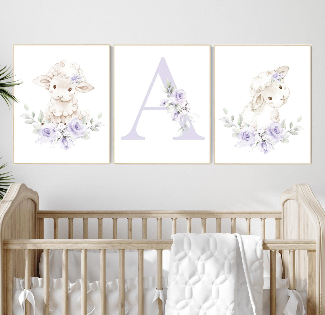 Purple Sheep Nursery Wall Art, Lavender Baby Girl Name Print, Farm Animal Nursery Decor, Custom Initial Floral Sheep Print Set