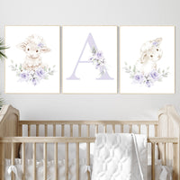 Purple Sheep Nursery Wall Art, Lavender Baby Girl Name Print, Farm Animal Nursery Decor, Custom Initial Floral Sheep Print Set