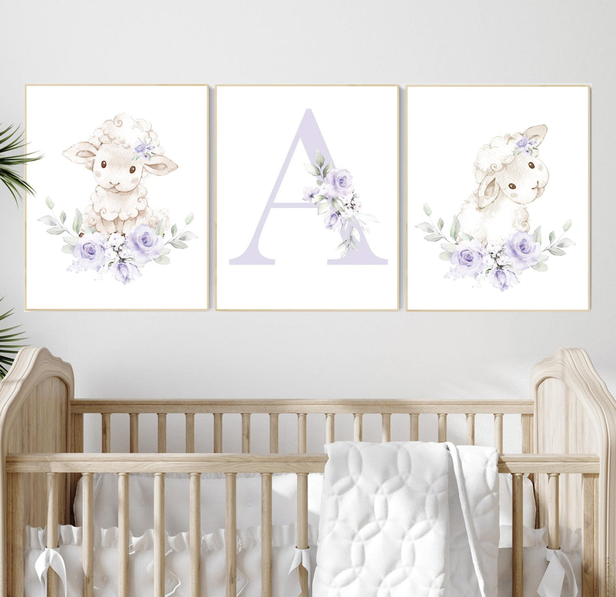 Purple Sheep Nursery Wall Art, Lavender Baby Girl Name Print, Farm Animal Nursery Decor, Custom Initial Floral Sheep Print Set