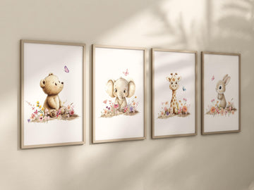 Boho Floral Nursery Art Prints: Woodland Safari Animals, Set of 4
