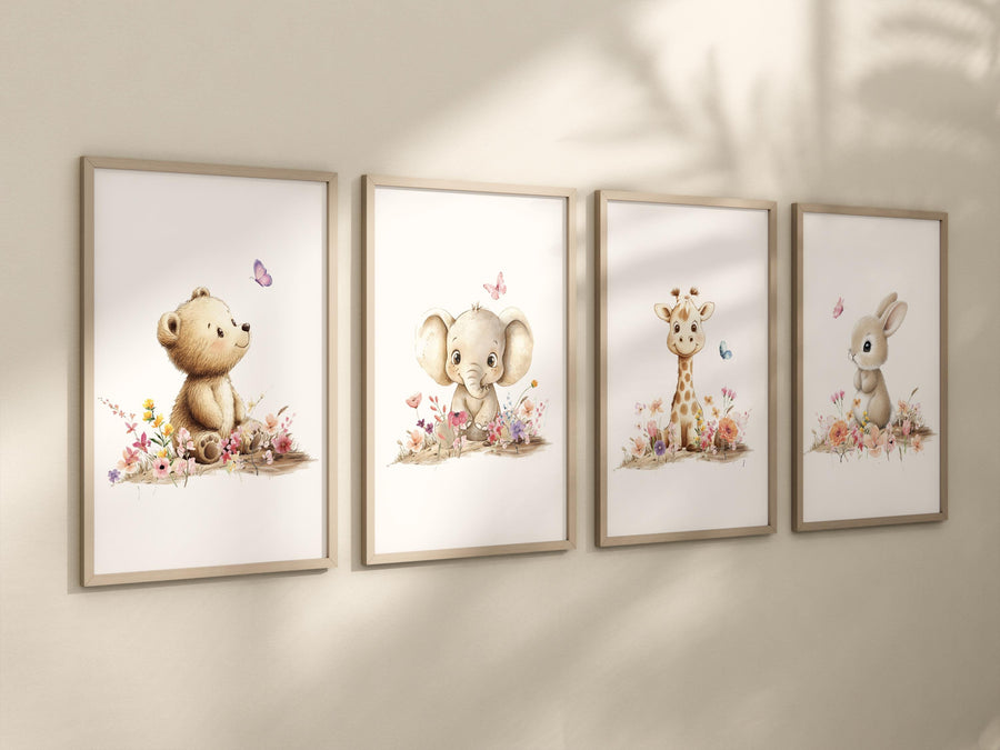 Boho Floral Nursery Art Prints: Woodland Safari Animals, Set of 4