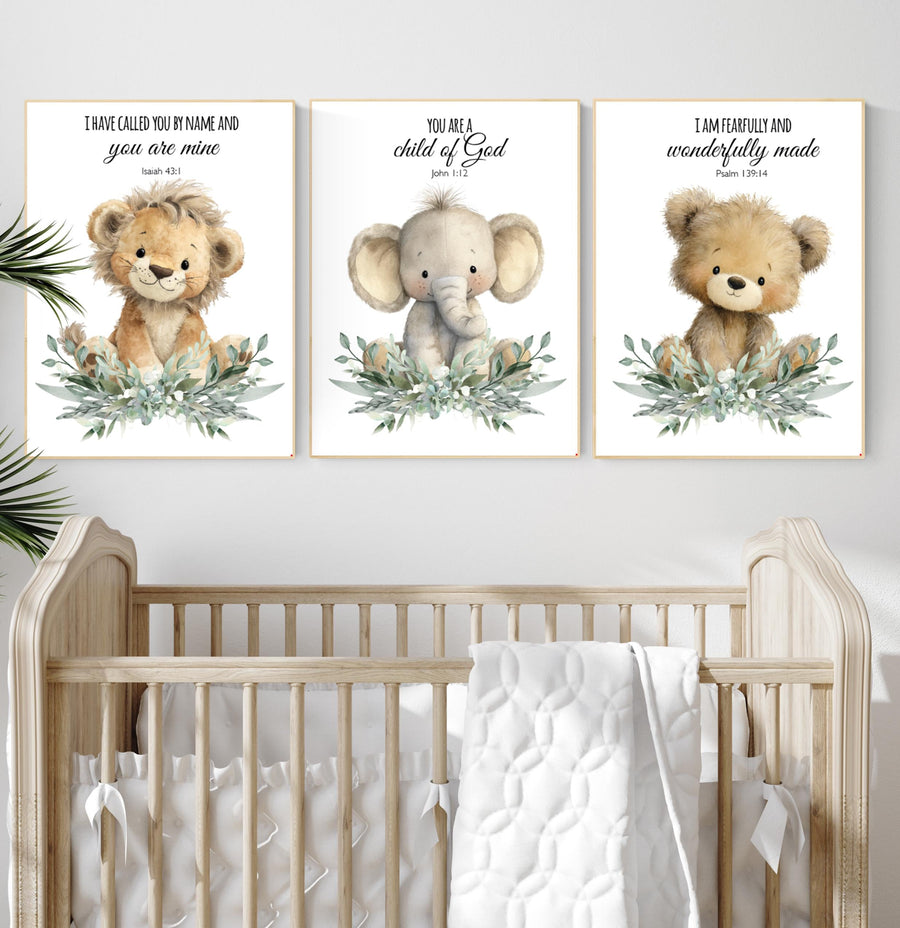 Plush Safari Animal Bible Verse Wall Art – Elephant Giraffe Lion Nursery Prints, Scripture Art, Christian Baby Room Decor Set