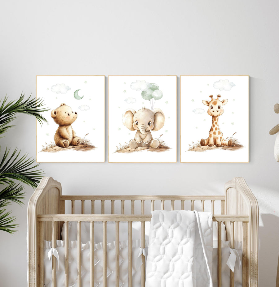 Nursery wall art animals, green nursery, gender neutral nursery, sage green, baby room decor, bear, elephant, giraffe, animal prints