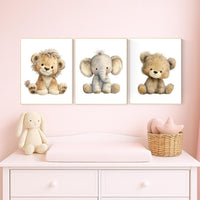 Safari Nursery Wall Art Set of 3 | Baby Lion, Elephant, Bear Prints | Neutral Plush Animal Artwork | Jungle Woodland Baby Room Decor