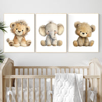 Safari Nursery Wall Art Set of 3 | Baby Lion, Elephant, Bear Prints | Neutral Plush Animal Artwork | Jungle Woodland Baby Room Decor