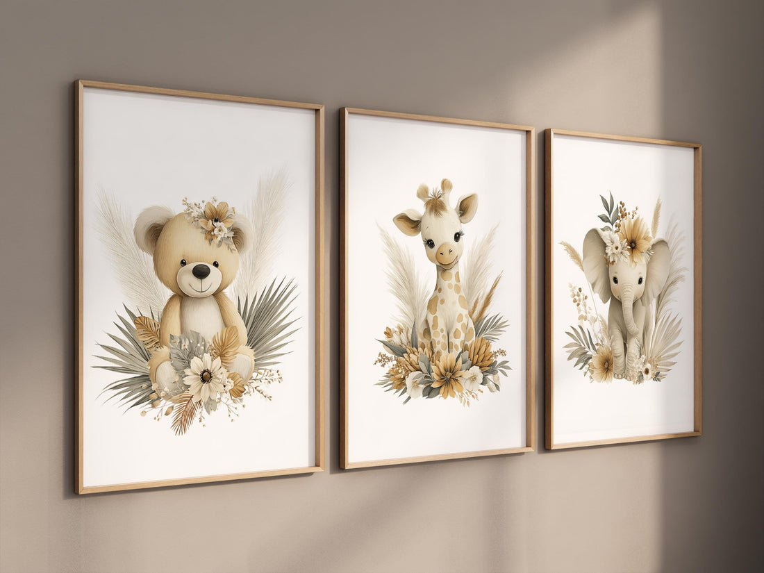 Boho Safari Nursery Prints: Bear, Giraffe, Elephant - Set of 3