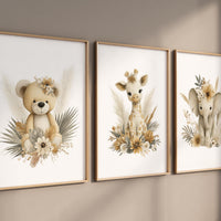 Boho Safari Nursery Prints: Bear, Giraffe, Elephant - Set of 3