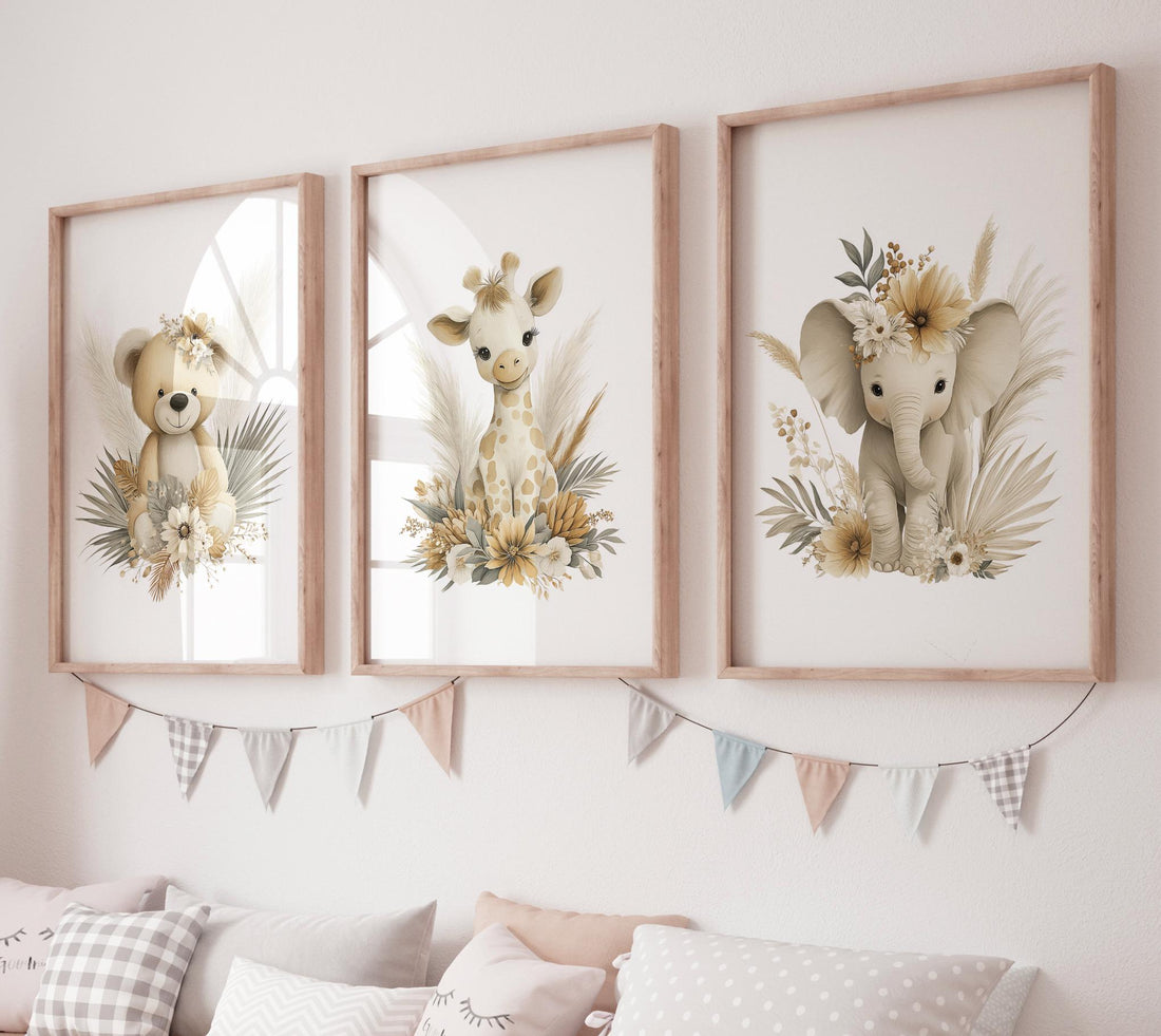 Boho Safari Nursery Prints: Bear, Giraffe, Elephant - Set of 3