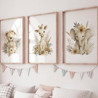 Boho Safari Nursery Prints: Bear, Giraffe, Elephant - Set of 3