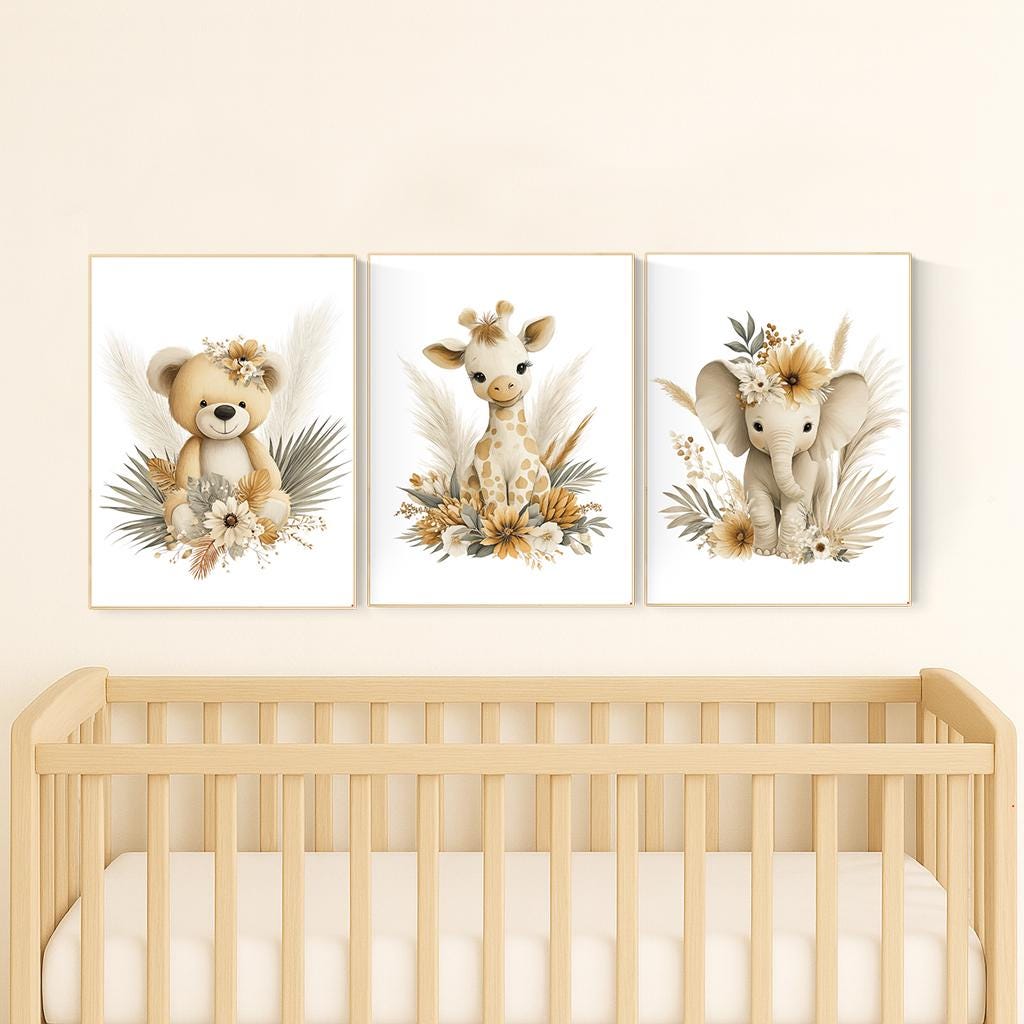 Boho Safari Nursery Prints: Bear, Giraffe, Elephant - Set of 3