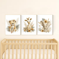 Boho Safari Nursery Prints: Bear, Giraffe, Elephant - Set of 3