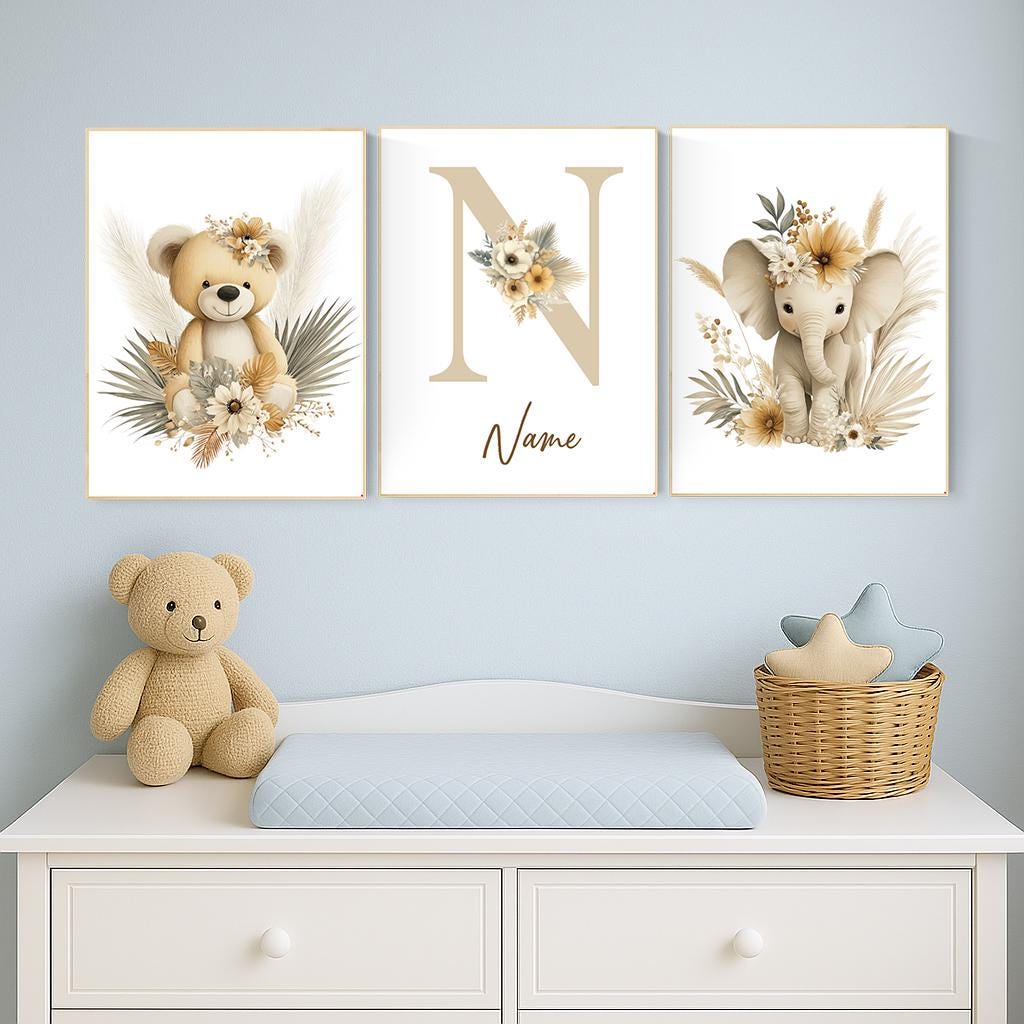 Boho Safari Nursery Prints: Bear, Giraffe, Elephant - Set of 3