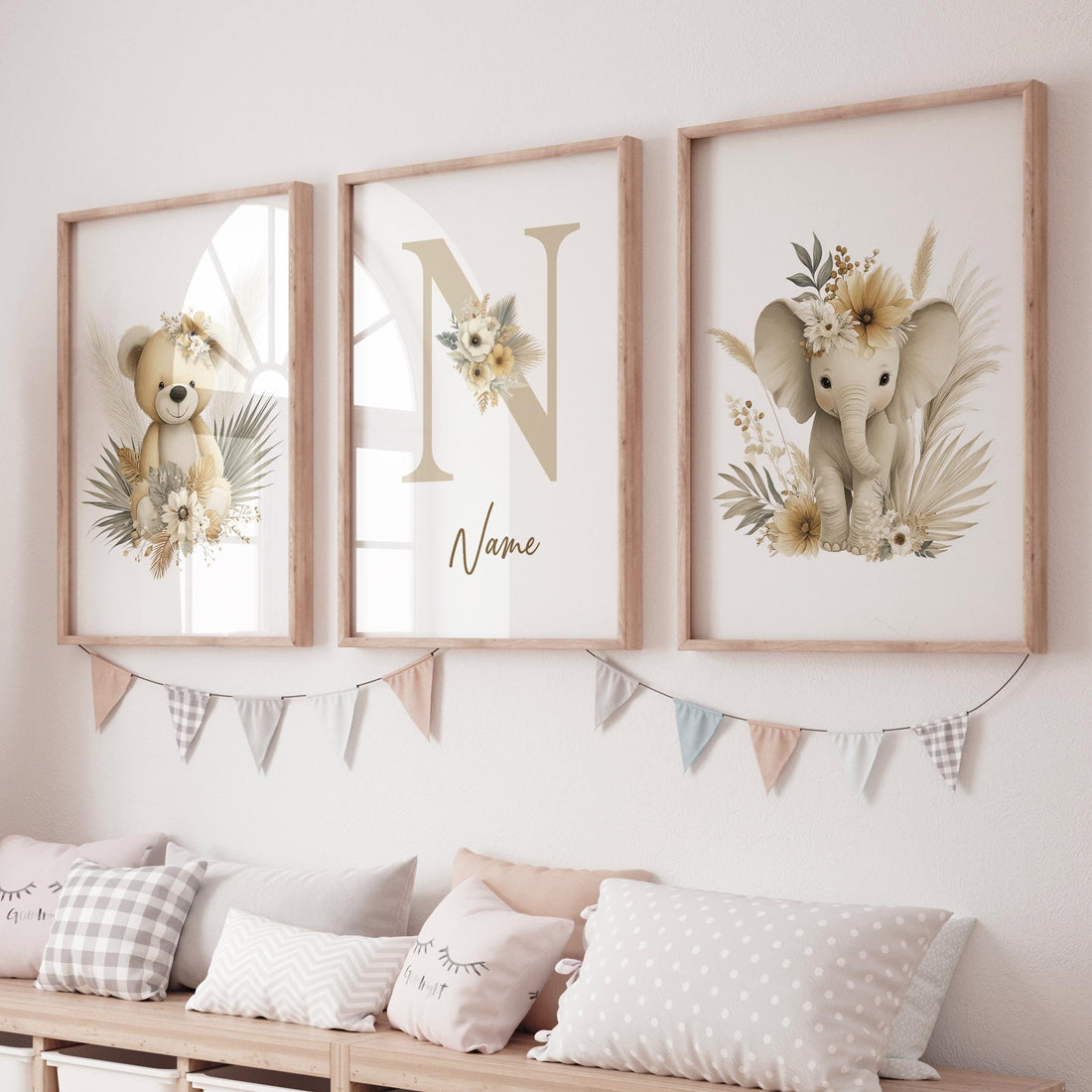 Boho Safari Nursery Prints: Bear, Giraffe, Elephant - Set of 3