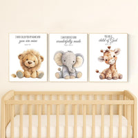 Plush Safari Animal Bible Verse Wall Art – Elephant Giraffe Lion Nursery Prints, Scripture Art, Christian Baby Room Decor Set