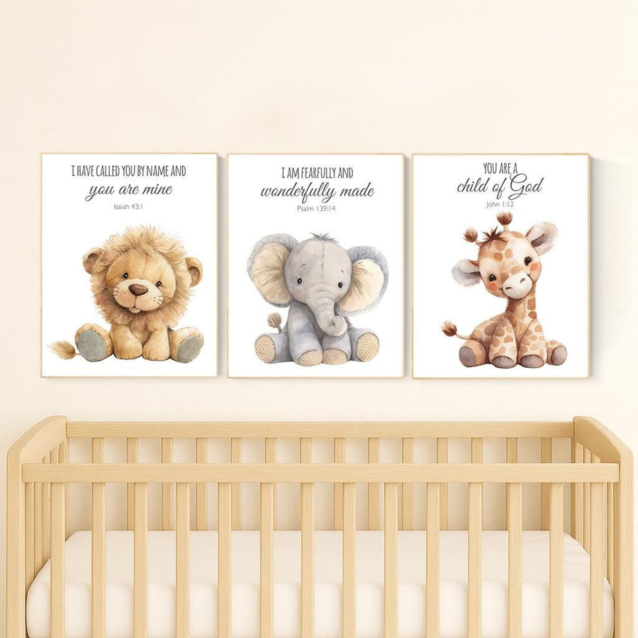 Plush Safari Animal Bible Verse Wall Art – Elephant Giraffe Lion Nursery Prints, Scripture Art, Christian Baby Room Decor Set