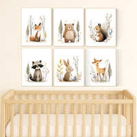 Woodland Nursery Wall Art Set of 6 | Fox, Bear, Squirrel, Raccoon, Bunny, Deer Prints | Neutral Forest Animal Baby Room Decor