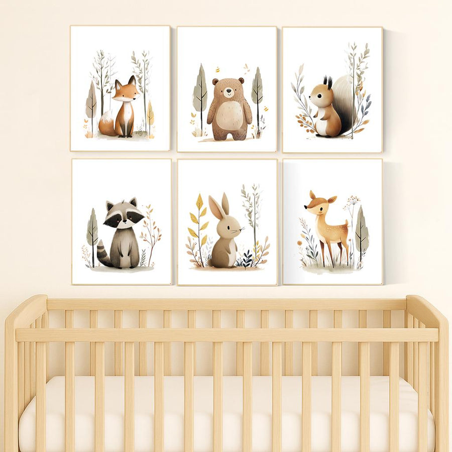 Woodland Nursery Wall Art Set of 6 | Fox, Bear, Squirrel, Raccoon, Bunny, Deer Prints | Neutral Forest Animal Baby Room Decor