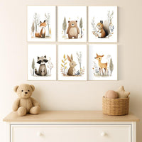 Woodland Nursery Wall Art Set of 6 | Fox, Bear, Squirrel, Raccoon, Bunny, Deer Prints | Neutral Forest Animal Baby Room Decor