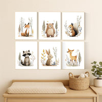 Woodland Nursery Wall Art Set of 6 | Fox, Bear, Squirrel, Raccoon, Bunny, Deer Prints | Neutral Forest Animal Baby Room Decor