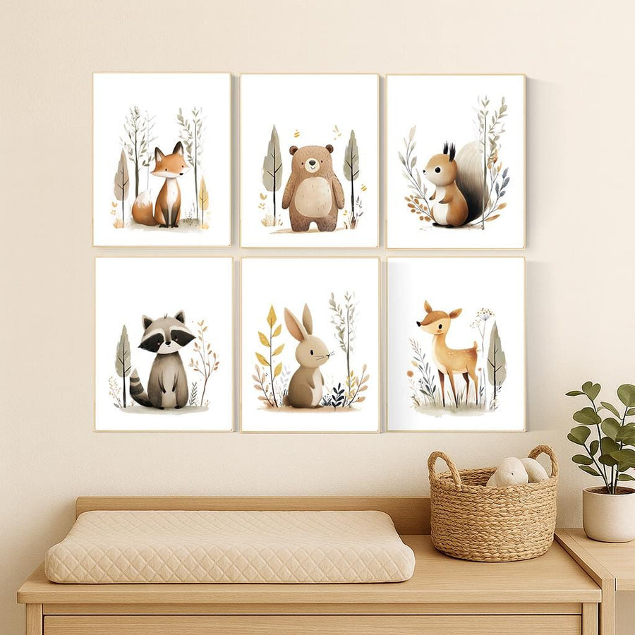 Woodland Nursery Wall Art Set of 6 | Fox, Bear, Squirrel, Raccoon, Bunny, Deer Prints | Neutral Forest Animal Baby Room Decor