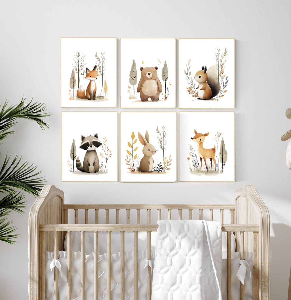 Woodland Nursery Wall Art Set of 6 | Fox, Bear, Squirrel, Raccoon, Bunny, Deer Prints | Neutral Forest Animal Baby Room Decor
