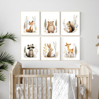 Woodland Nursery Wall Art Set of 6 | Fox, Bear, Squirrel, Raccoon, Bunny, Deer Prints | Neutral Forest Animal Baby Room Decor