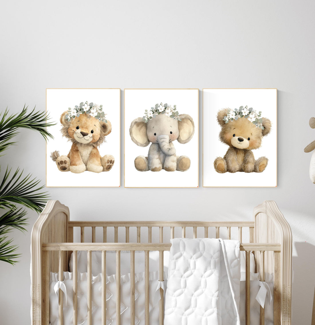 Floral Safari Nursery Wall Art Set of 3 | Lion, Elephant, Bear Prints with Flower Crowns | Boho Woodland Baby Girl Room Decor