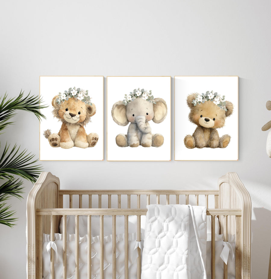 Floral Safari Nursery Wall Art Set of 3 | Lion, Elephant, Bear Prints with Flower Crowns | Boho Woodland Baby Girl Room Decor