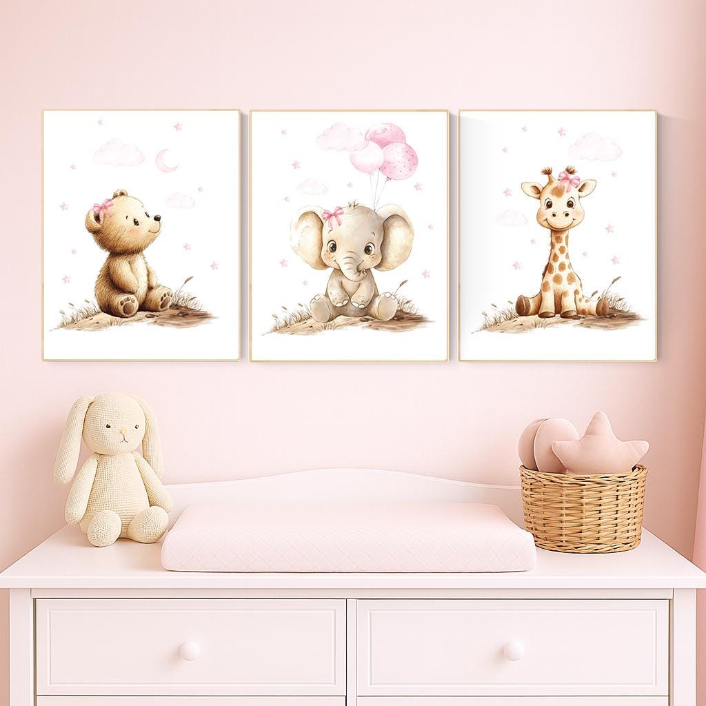Pink Safari Animal Nursery Art, Baby Bear, Elephant, Giraffe Prints