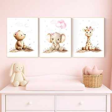 Pink Safari Animal Nursery Art, Baby Bear, Elephant, Giraffe Prints