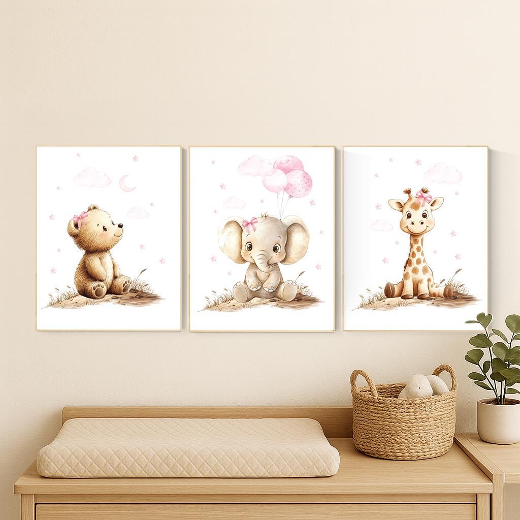 Pink Safari Animal Nursery Art, Baby Bear, Elephant, Giraffe Prints