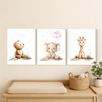 Pink Safari Animal Nursery Art, Baby Bear, Elephant, Giraffe Prints