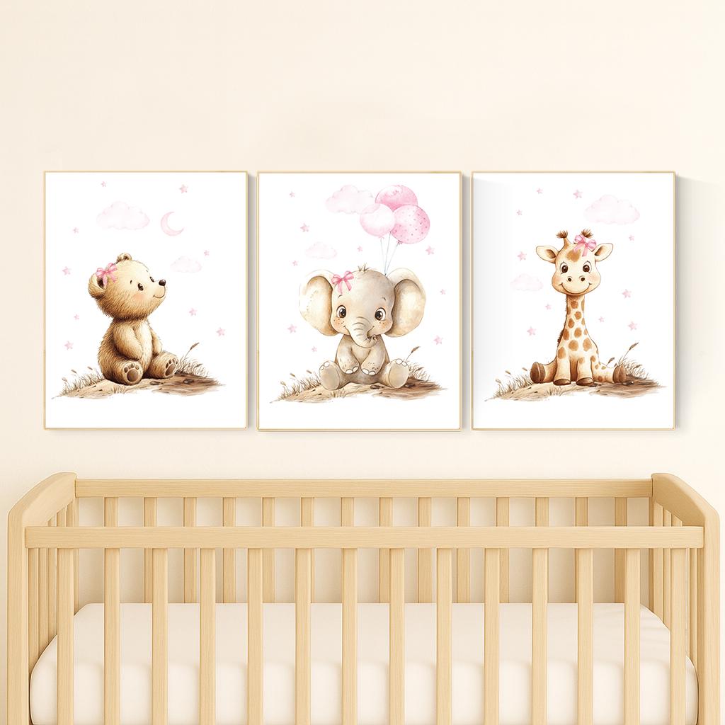 Pink Safari Animal Nursery Art, Baby Bear, Elephant, Giraffe Prints