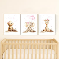 Pink Safari Animal Nursery Art, Baby Bear, Elephant, Giraffe Prints