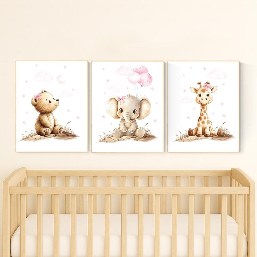 Pink Safari Animal Nursery Art, Baby Bear, Elephant, Giraffe Prints