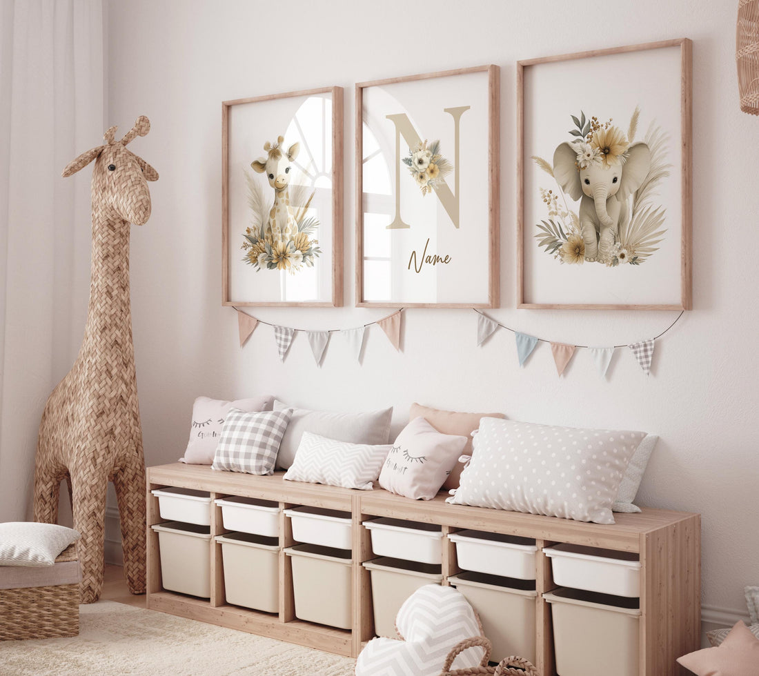 Boho Safari Nursery Prints: Giraffe, Elephant, Personalized Nursery