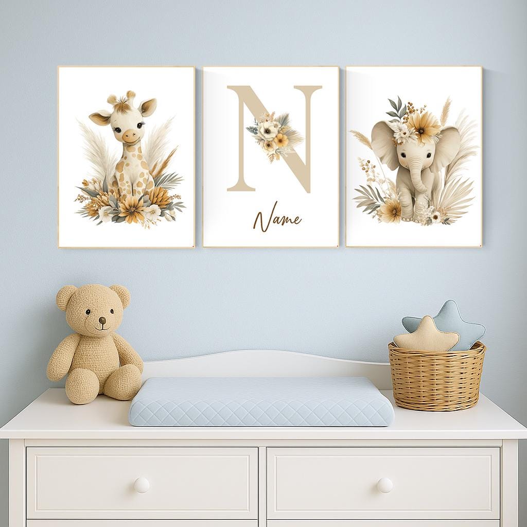 Boho Safari Nursery Prints: Giraffe, Elephant, Personalized Nursery