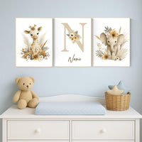 Boho Safari Nursery Prints: Giraffe, Elephant, Personalized Nursery