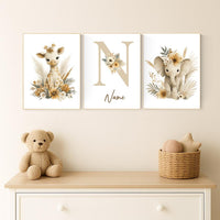 Boho Safari Nursery Prints: Giraffe, Elephant, Personalized Nursery